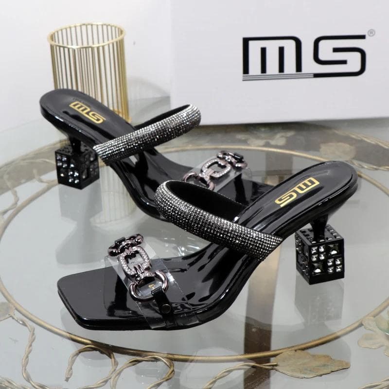 Women's Slippers Summer Fashion Transparent Belt Metal Decoration Box Shaped Square Alien Heel High Heels Wearing Sandals 39 black