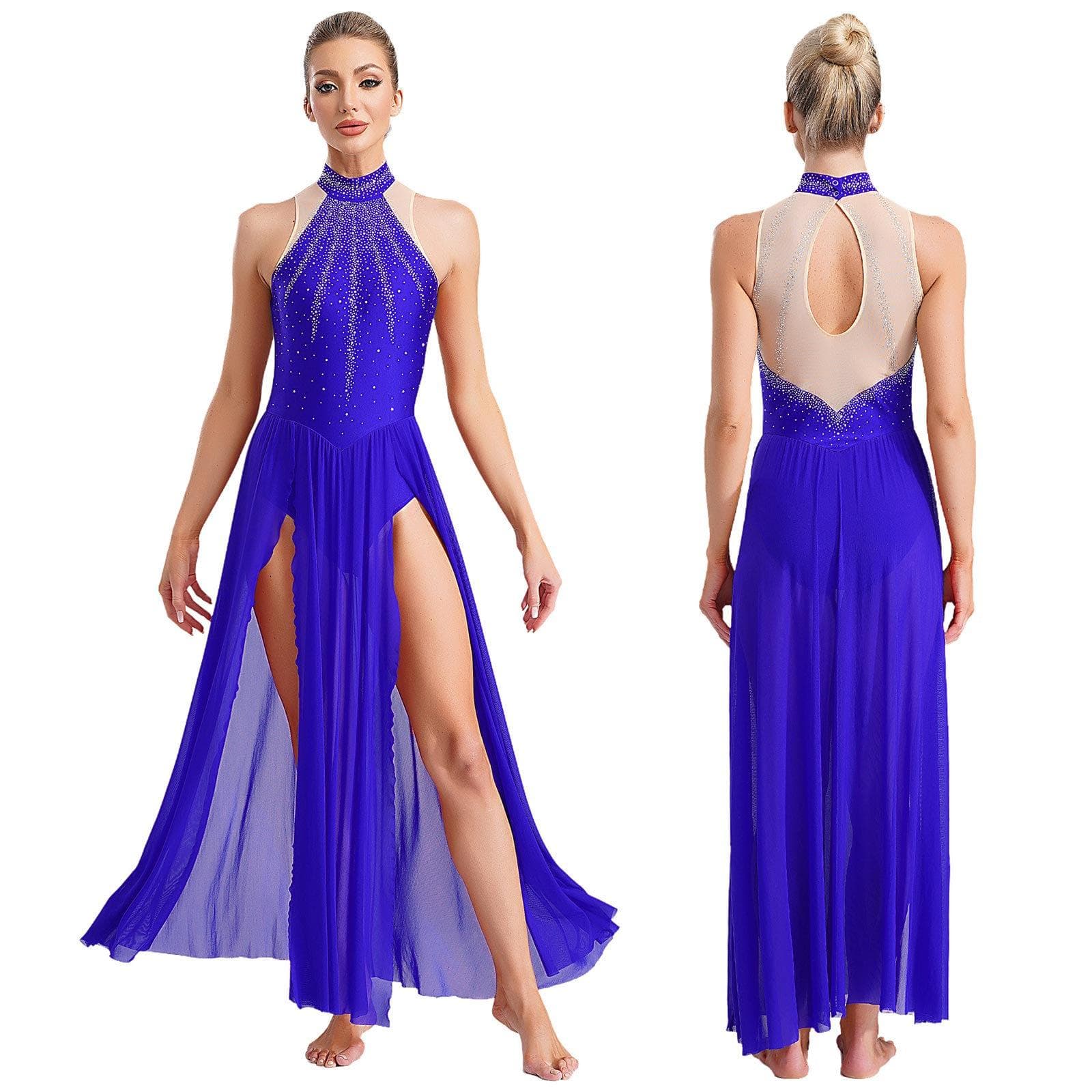 Women Modern Lyrical Dance Dress Sleeveless Split Sheer Mesh Ballet Gymnastics Leotard Dress Contemporary Performance Dancewear M blue