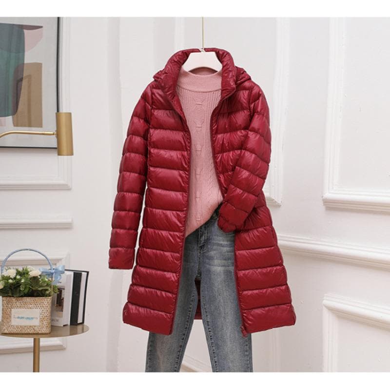 Removable Hat Light and Thin Down Jacket Women's Medium and Long Autumn and Winter New Thin Coat 5XL