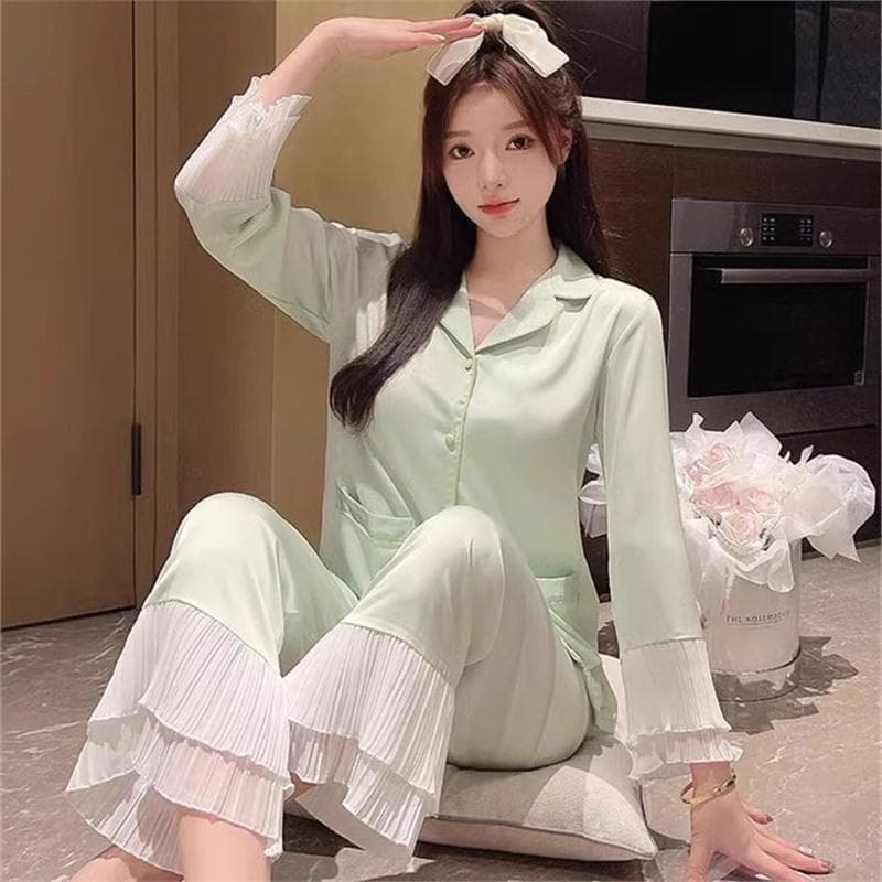 2-piece Ice Silk Pajamas Spring and Summer Lace Edge Sweet and Cute Thin Home Clothes Soft Simple Solid Color Home Clothes XL green