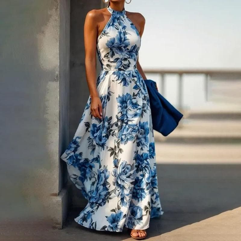 New Style Halter Neck Fashionable Backless Floral Skirt Large Sway Beach Skirt Printed Dress M