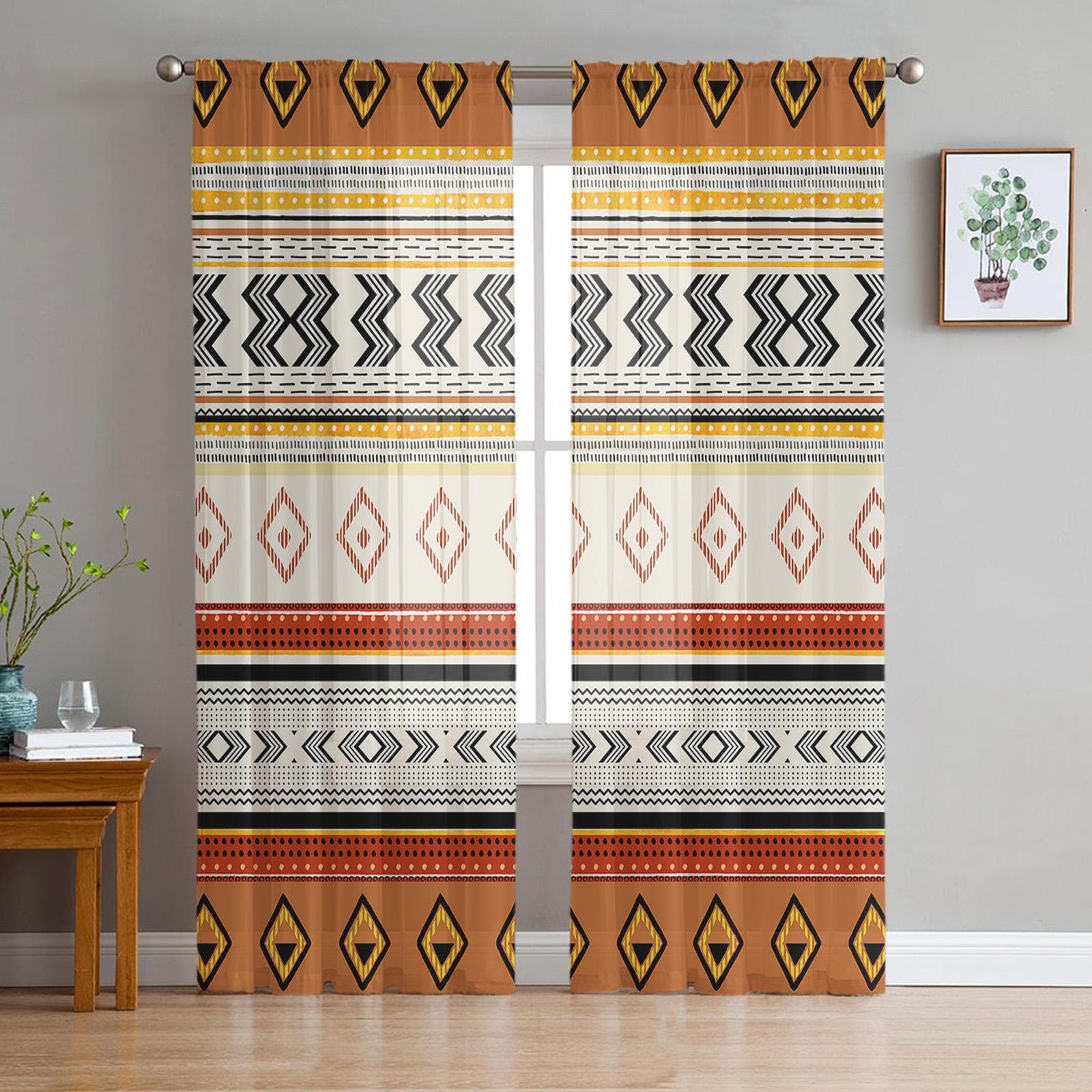 Bohemian Geometric Stripe Pattern Voile Sheer Curtains Living Room Window Tulle Curtain Kitchen Bedroom Drapes Home Decor 135W x 114H(cm)