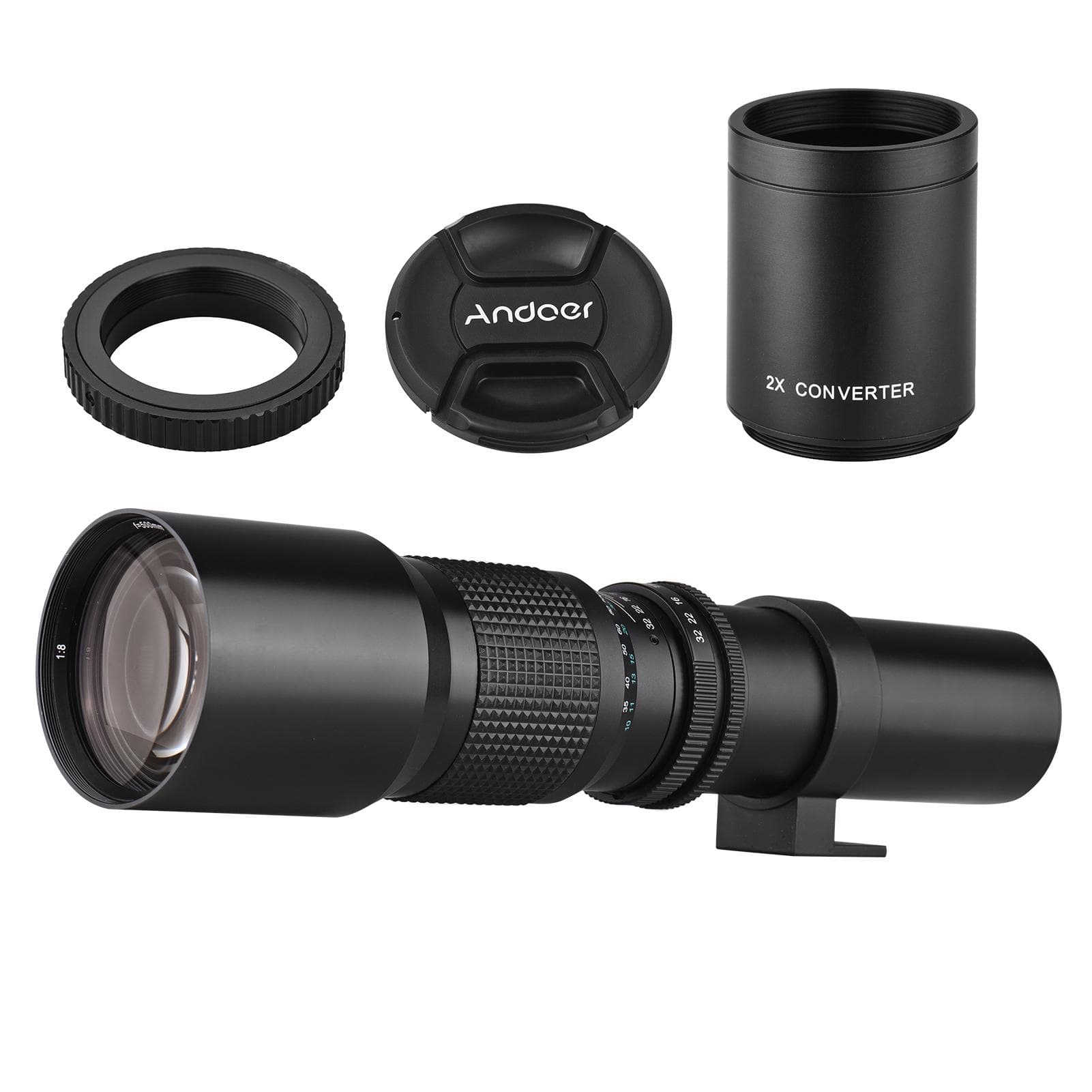 Andoer 500mm/ 1000mm f/8 High Power Camera Telephoto Lens Manual Focus with 2X Converter Lens Cover black