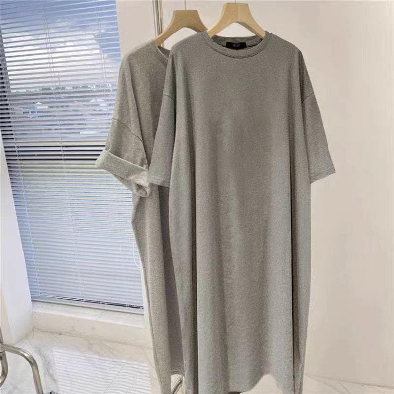 Cotton Short-sleeved Long Dress Loose Large Size Knee T-shirt Skirt Casual Medium and Long Dress Women XXL