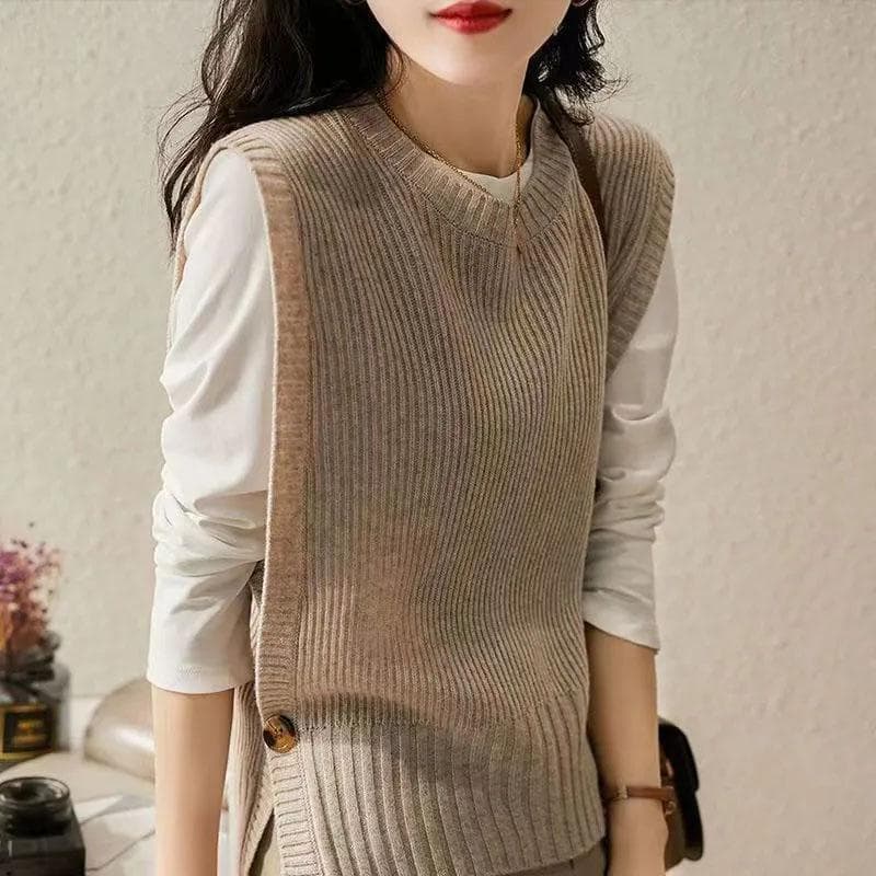 Vest for Women Knitted Oversize Undershirt Sleeveless Tops Loose Sweater Vest Solid Color Casual Round Neck Vest L beige