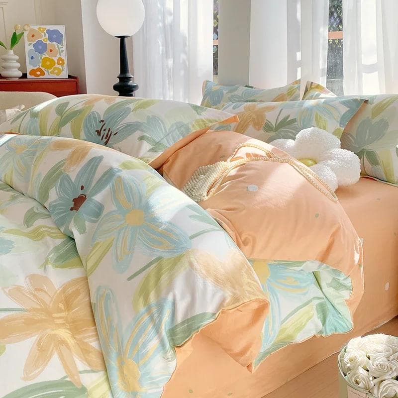 Cotton Floral Duvet Cover Twin Queen Botanical Flower Bedding Set Reversible Comforter Cover with 2 Pillowcases for Girls Women Single 150x200cm