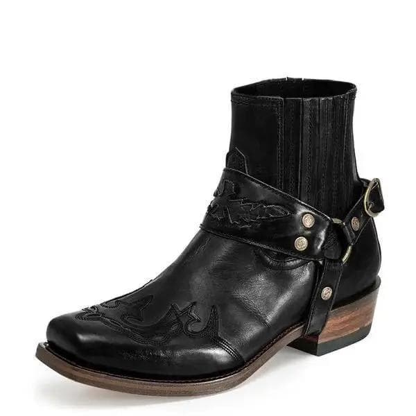 Men Embroidered Cowboy Boots Low-heeled Printed Vintage Motorcycle Ankle Boots for Men Pu Leather Casual Zapatos De Hombre Size 42 black