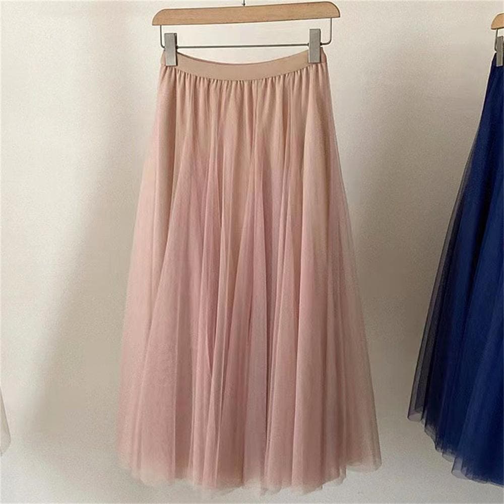 New Women Mesh Elastic Tutu Skirt Beach Spring Summer Korean High Waist Fashion Pleated Long Skirt Black White Tulle Skirts 80cm cameo pink
