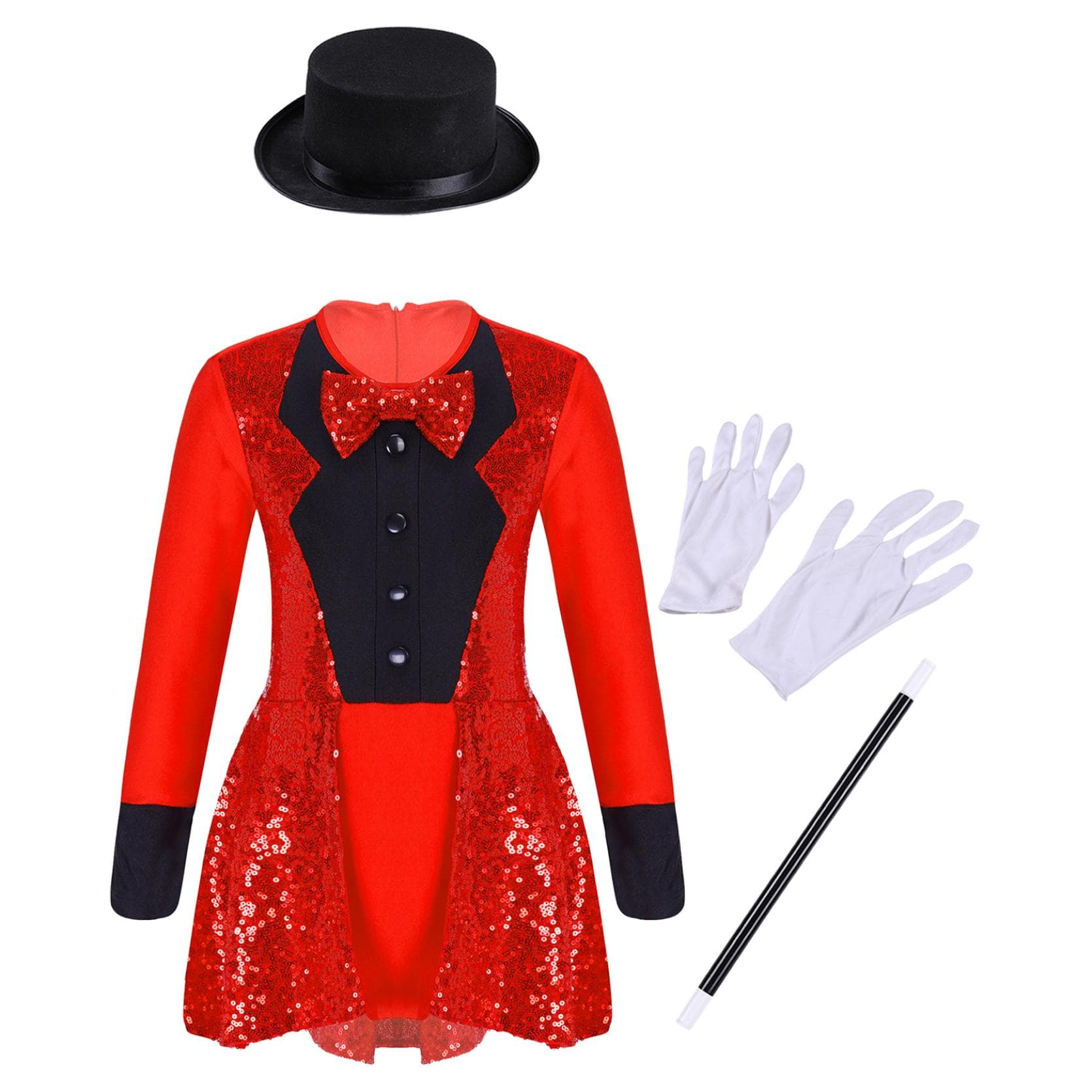 Kids Girls Magician Costume Set Long Sleeve Bow Tie Back Zipper Sequin Leotard with Hat Magic Wand Gloves for Halloween Cosplay Dress Up Performance 3-4 Years red