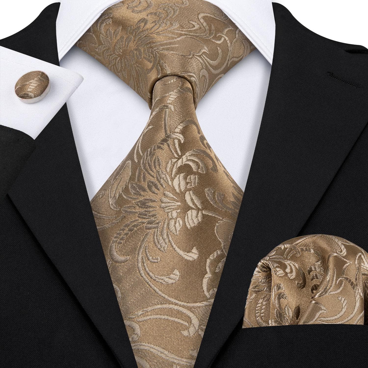 Hi-Tie Mens Accessories Silk Tie Handkerchief Cufflinks Set for Wedding Party Floral Solid Necktie N-0309