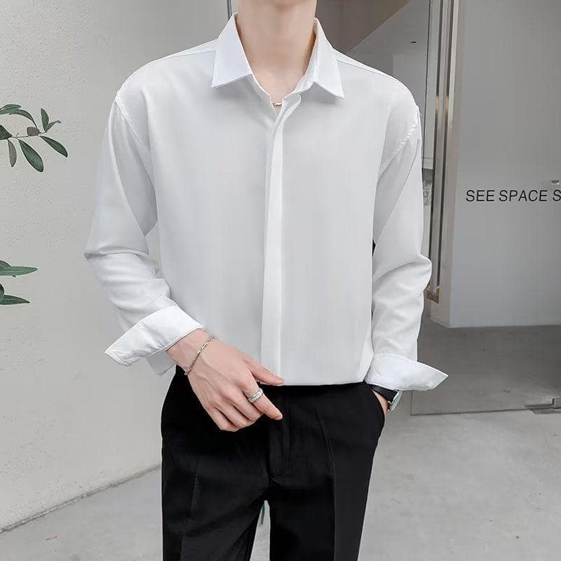 Korean Long Sleeve Shirt Men Fashion Loose Business Casual White Shirt Men's Button Design Top Large Comfortable Shirt 2XL white