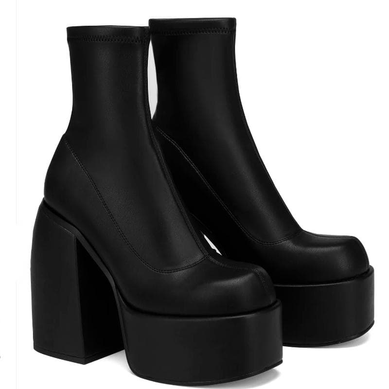 Fashion Modern Boots Women Platform Heels Round Toe Leather Boot Chunky Heels Zipper Designer Block Heel Shoes Fashion Girls Casual Shoe 41 black