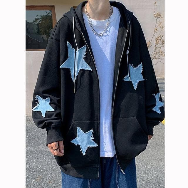 Women's Star Patch Zip Up Hoodie for women Oversized Y2k Sweatshirt Jacket E-Girl 90s Pullover Streetwear L black