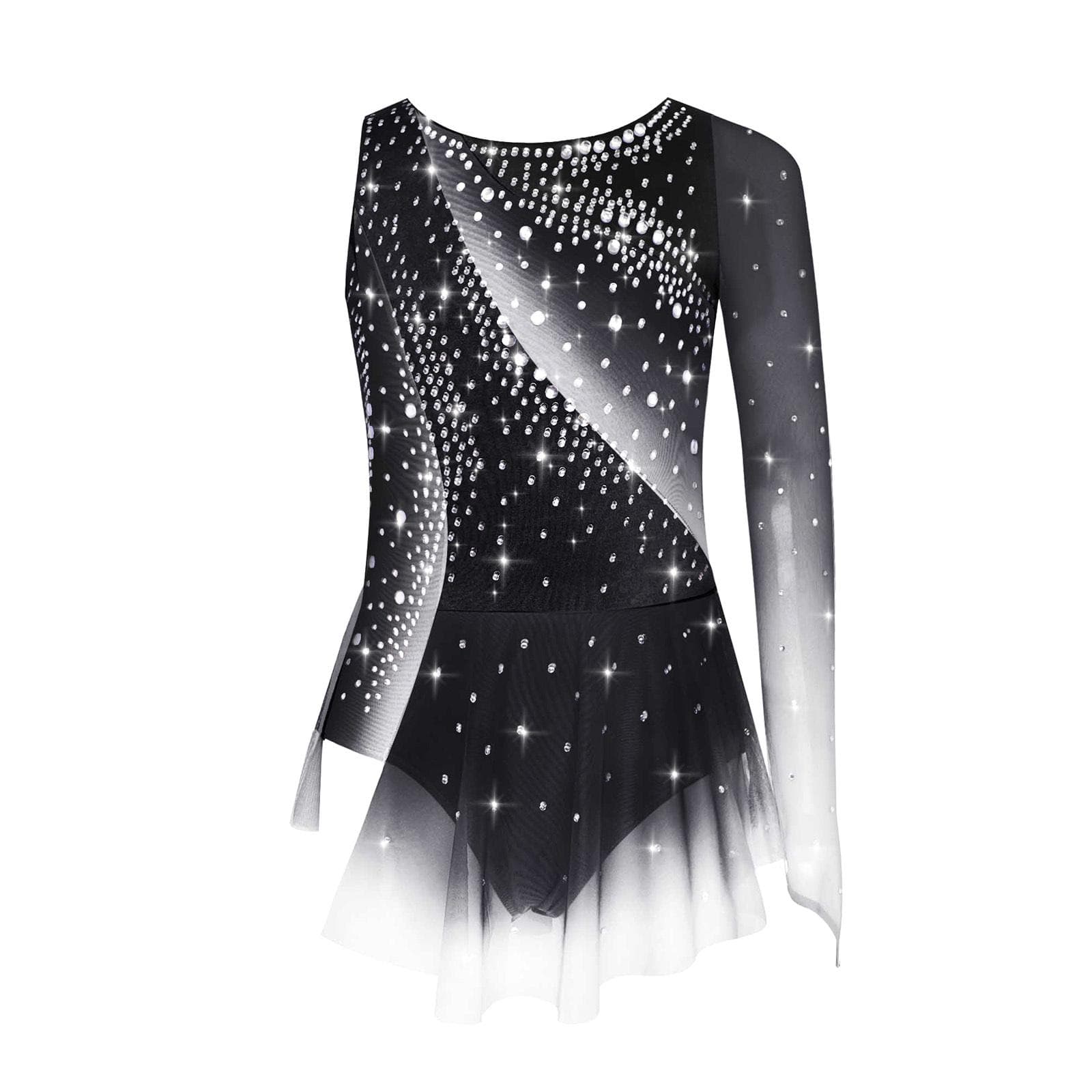 Kids Girls Rhythmic Gymnastics Dress Round Neck Asymmetrical Split Shiny Rhinestones Contrast Color Skirt 13-14 Years black