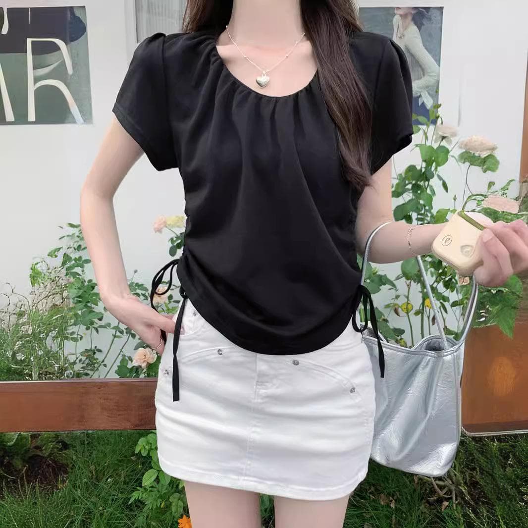 Drawstring Pleated U-neck Short-sleeved T-shirt for Women's Summer Women's Clothing New Design Niche Short Waist Top 2XL black