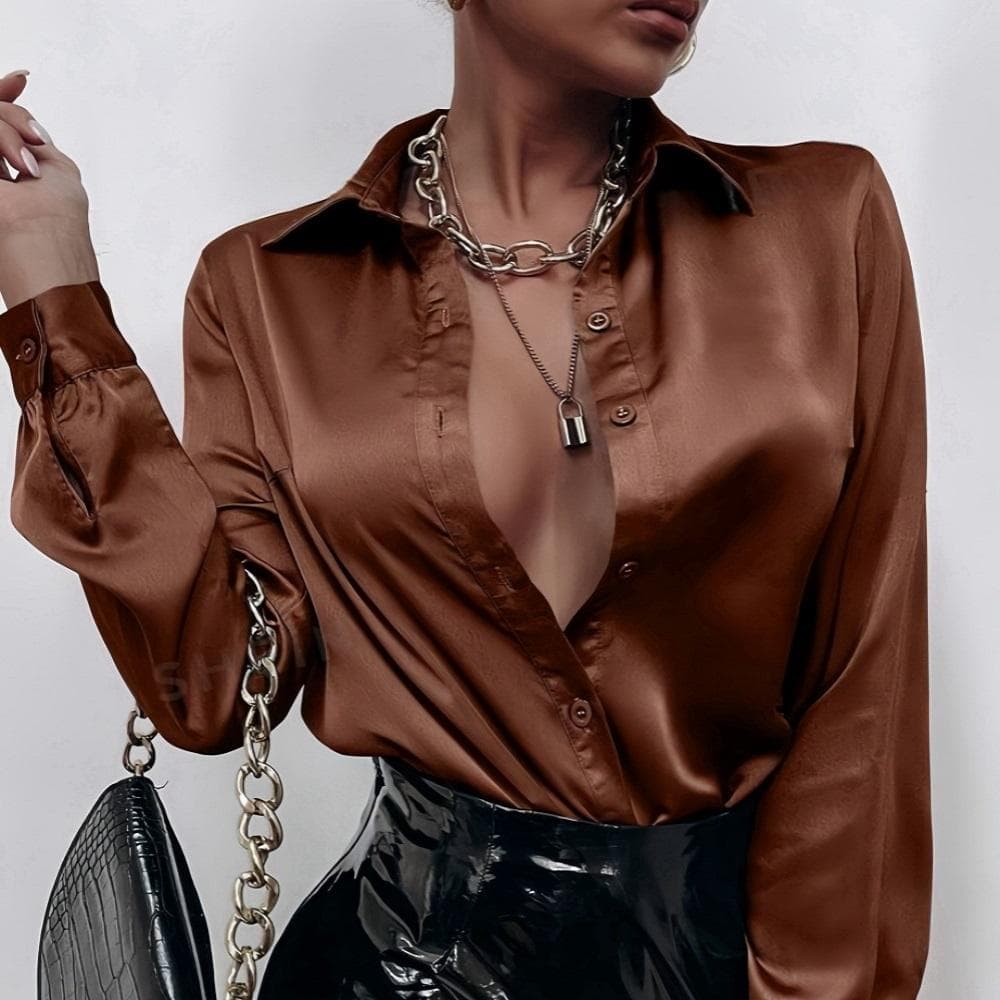 Women Spring Summer Blouses and Shirts Elegant Satin Faux Silk Long Sleeve Casual Shirt Tops Single Breasted Basic Tops XL brown