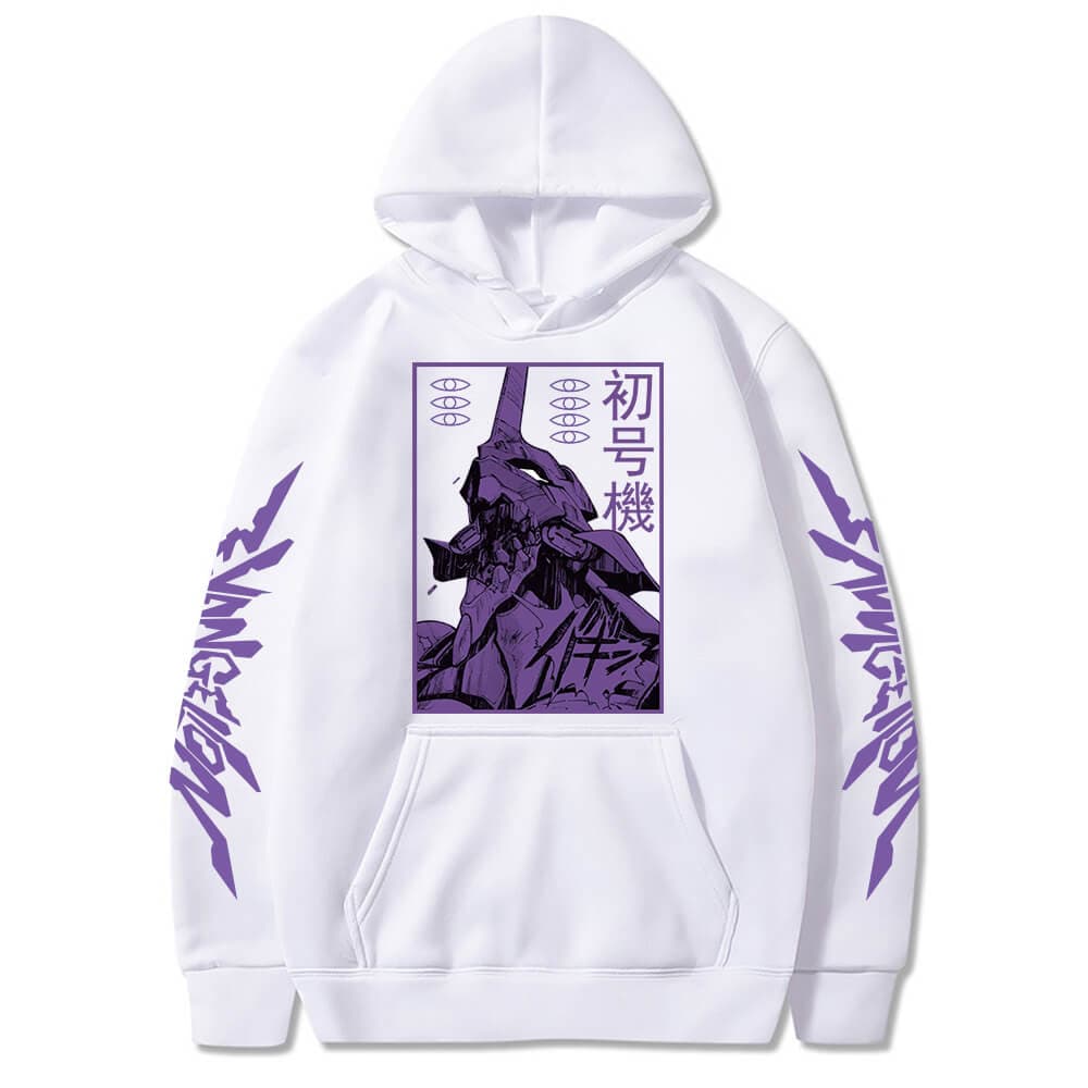 Men Hoodies Anime Evangelion Graphic EVA-00 PROTO TYPE Unisex Oversize Long Sleeve Pullover Sweatshirts Harajuku Streetwear Tops L white