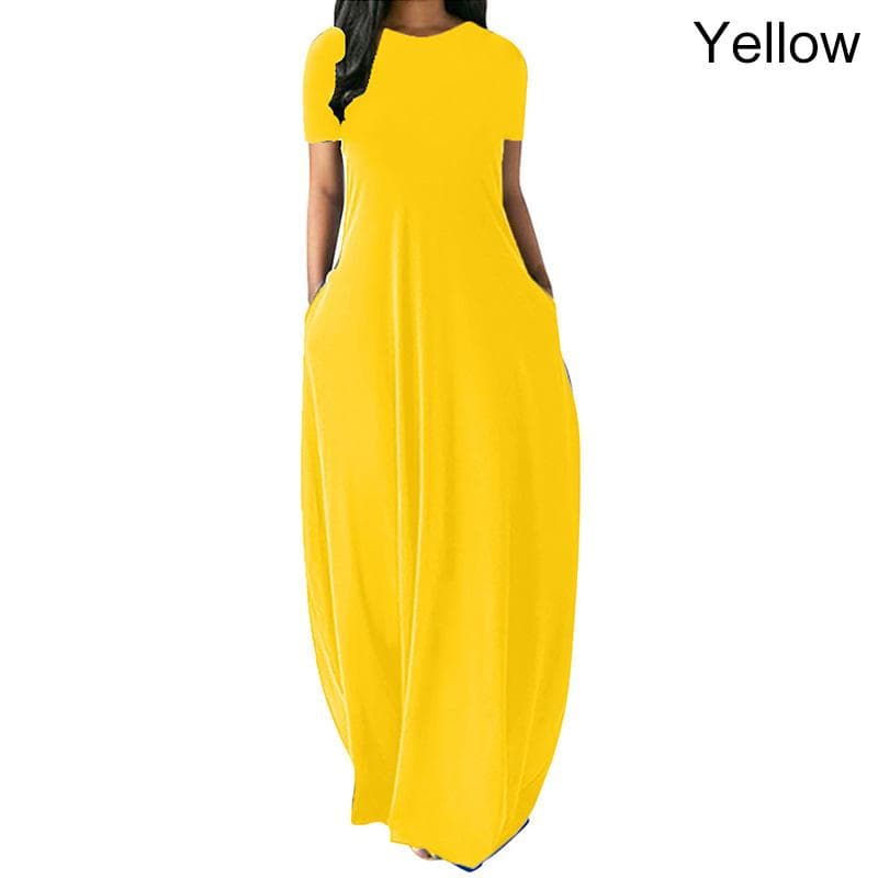 Women Casual Loose O-Neck Long Dresses Short Sleeve Summer Beach Dress Elegant Evening Party Dress 3XL yellow