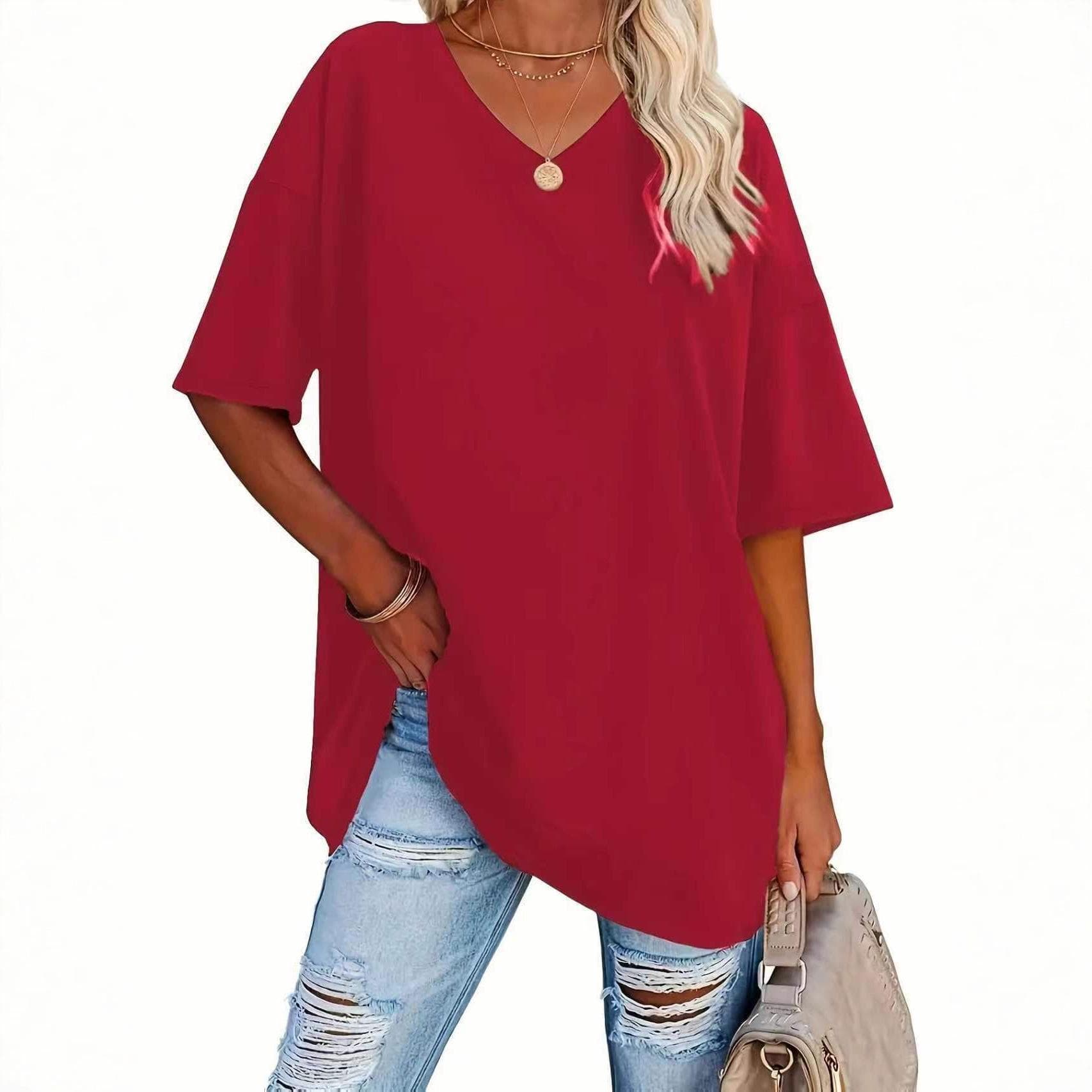 Plus Size Women's Loose Fit Casual Round Neck T-shirt - New Style 5XL red