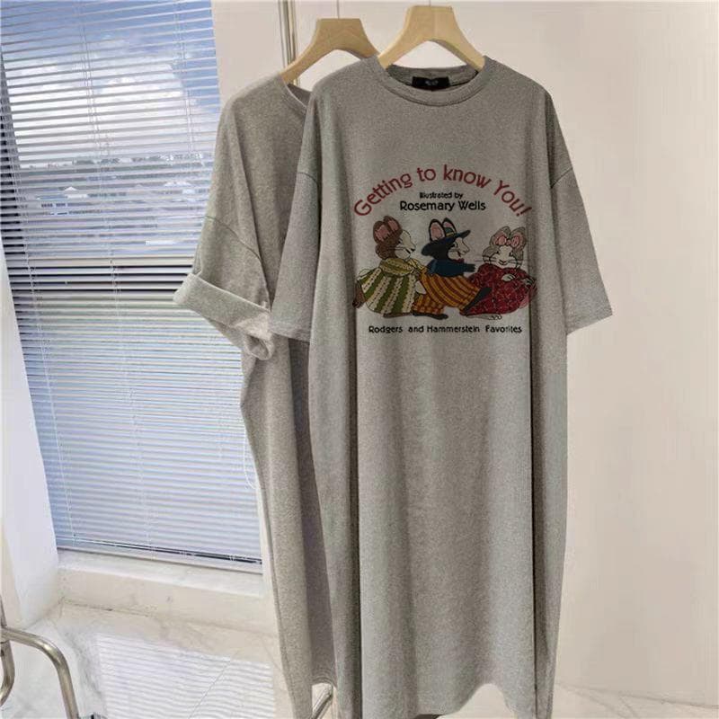 Cotton Short-sleeved Long Dress Loose Large Size Knee T-shirt Skirt Casual Medium and Long Dress Women M