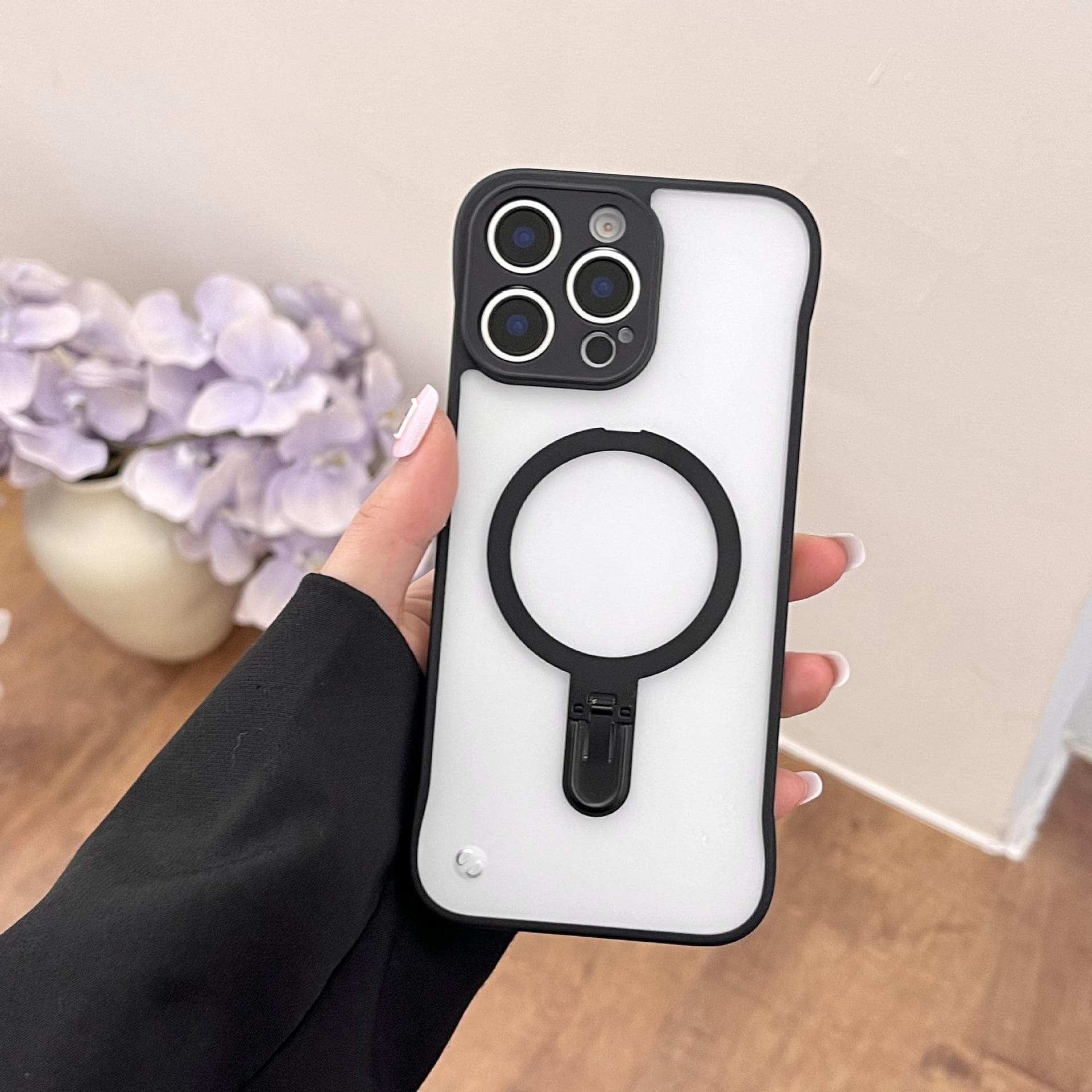 Applicable To IPhone16promax Mobile Phone Case Matte Skin-sensitive Magnetic Suction Bracket 15/14 Anti-fall Protection Case Apple 16Plus black