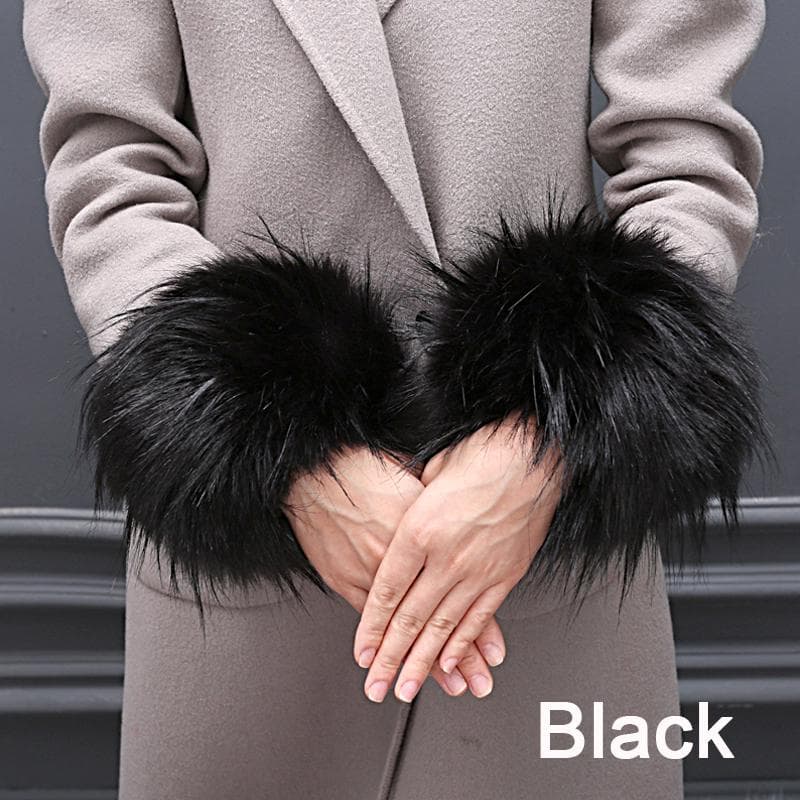 Women Windproof  Elegant Winter Plush Bracelet Faux Fox Fur Cuff Oversleeve Warm Wristband Arms black