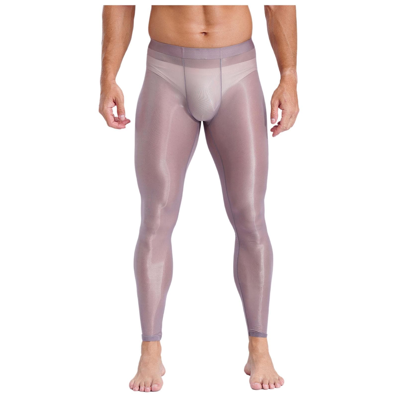 Mens Silky Workout Leggings Ultra Thin Stretch Fabric Bulge Pouch Elastic Waistband See Through Yoga Gym Pants coffee