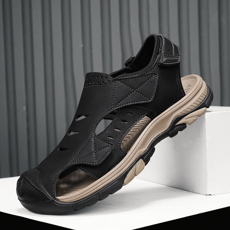 Men's Sandals Summer Genuine Leather Flip-Flop Sandals Casual Vacation Beach Shoes Lightweight and Comfortable Roman Shoes 41 black