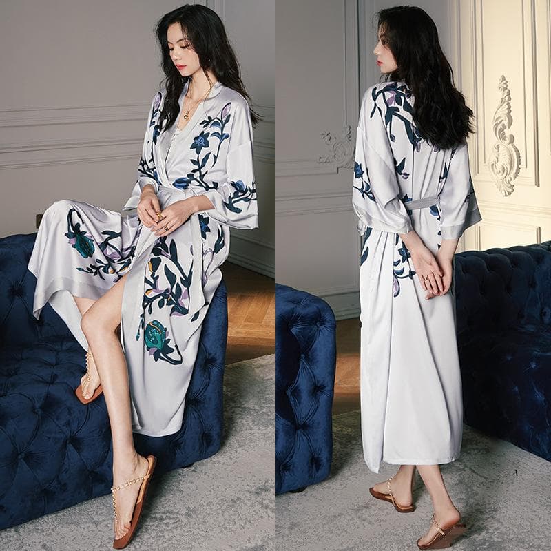 Plus Size Female Long Robe Sleppwear Print Flower Kimono Bathrobe Gown Loungewear Spring Summer Loose Casual Satin Home Dress One size