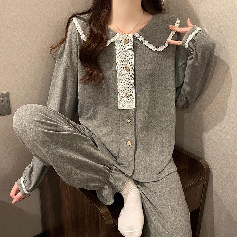 Autumn Winter Velvet Pajama Set Sexy Lace Long Sleeved Nightwear Women's Solid Color Casual Sleepwear Loose Velour Warm Homewear 2XL