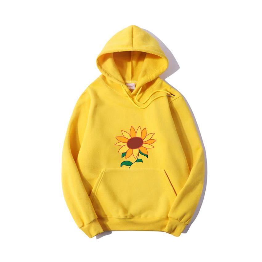 Kawaii Hoodie Aesthetic Sun Flower Pocket Same Paragraph Casual Loose Sweatshirts Anime Carton Cute Print M yellow