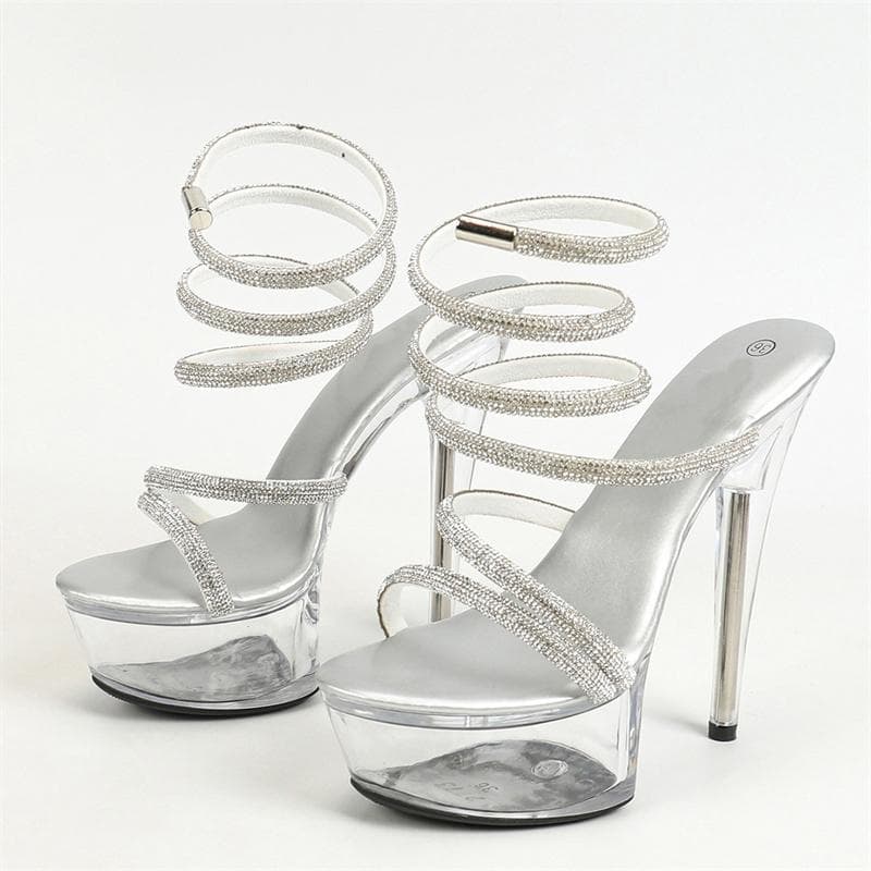Liyke Fashion Design Rhinestone Ankle Snake Twine Around Women Platform Sandals Transparent High Heels Wedding Banquet Shoes 34 silver