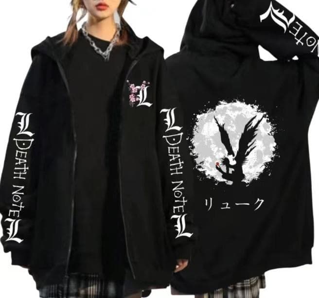 Death Note Harajuku Anime Zipper Coats Hoodies Mens Jackets Casual Loose Hooded Zip Up Manga L Lawliet Print Tops Sweatshirt Unisex Couple Streetwear S