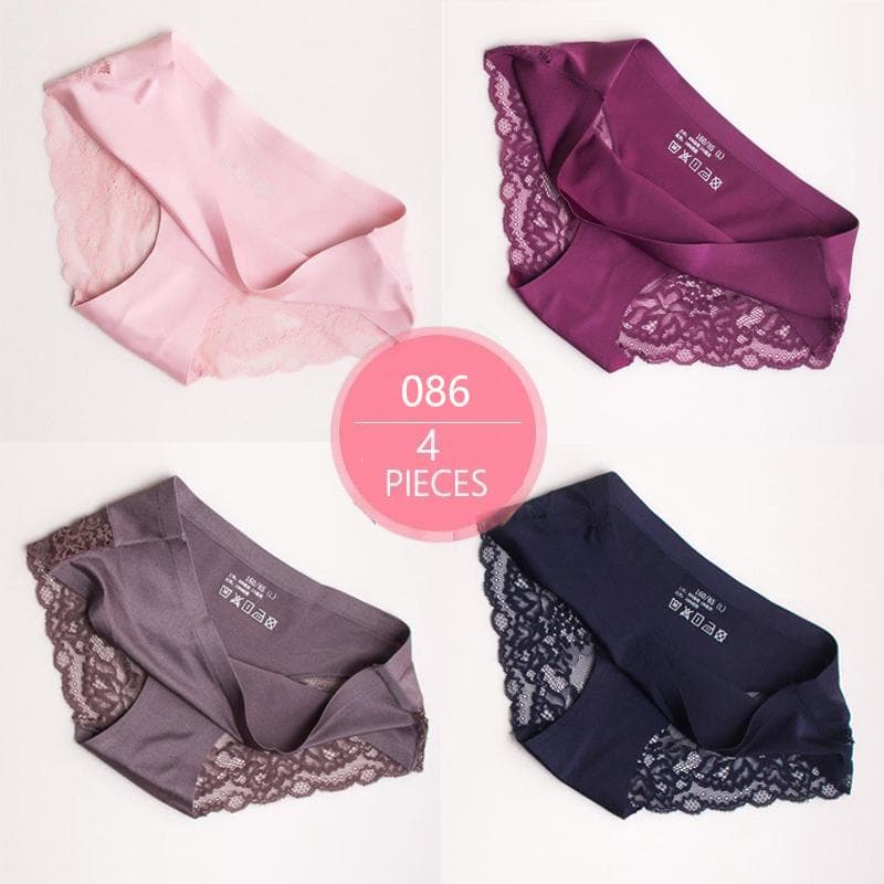 4Pcs Women's Sexy Lace Panties Seamless Silk Underwear Briefs for Ladies Cotton Crotch Transparent L&4pcs