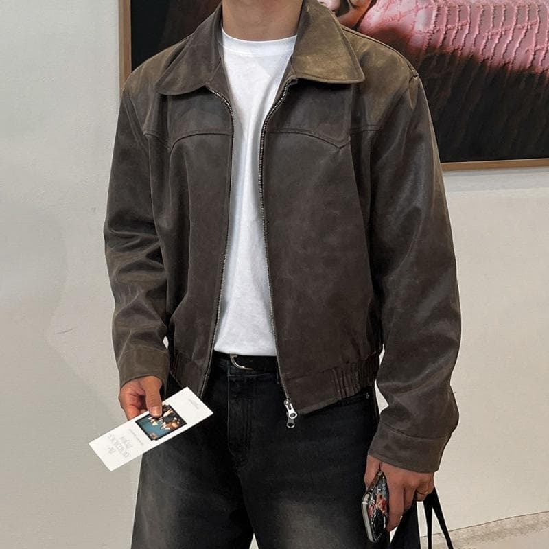 Retro Short Leather Jacket for Men Spring Loose Lapel Jacket Korean Style Trendy Jacket L