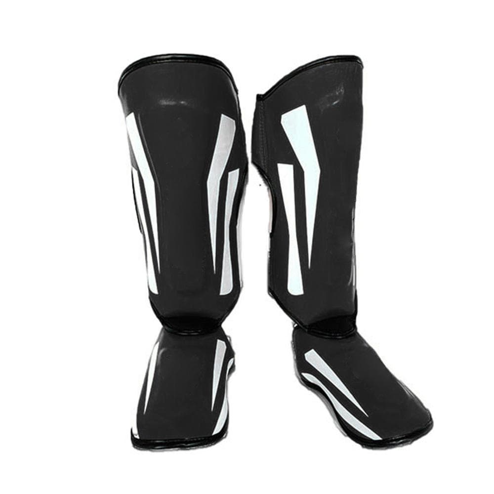 Martial Arts Shin Guards PU Leather Leg Foot Protector Thicken Protective Pads for Kickboxing MMA L black