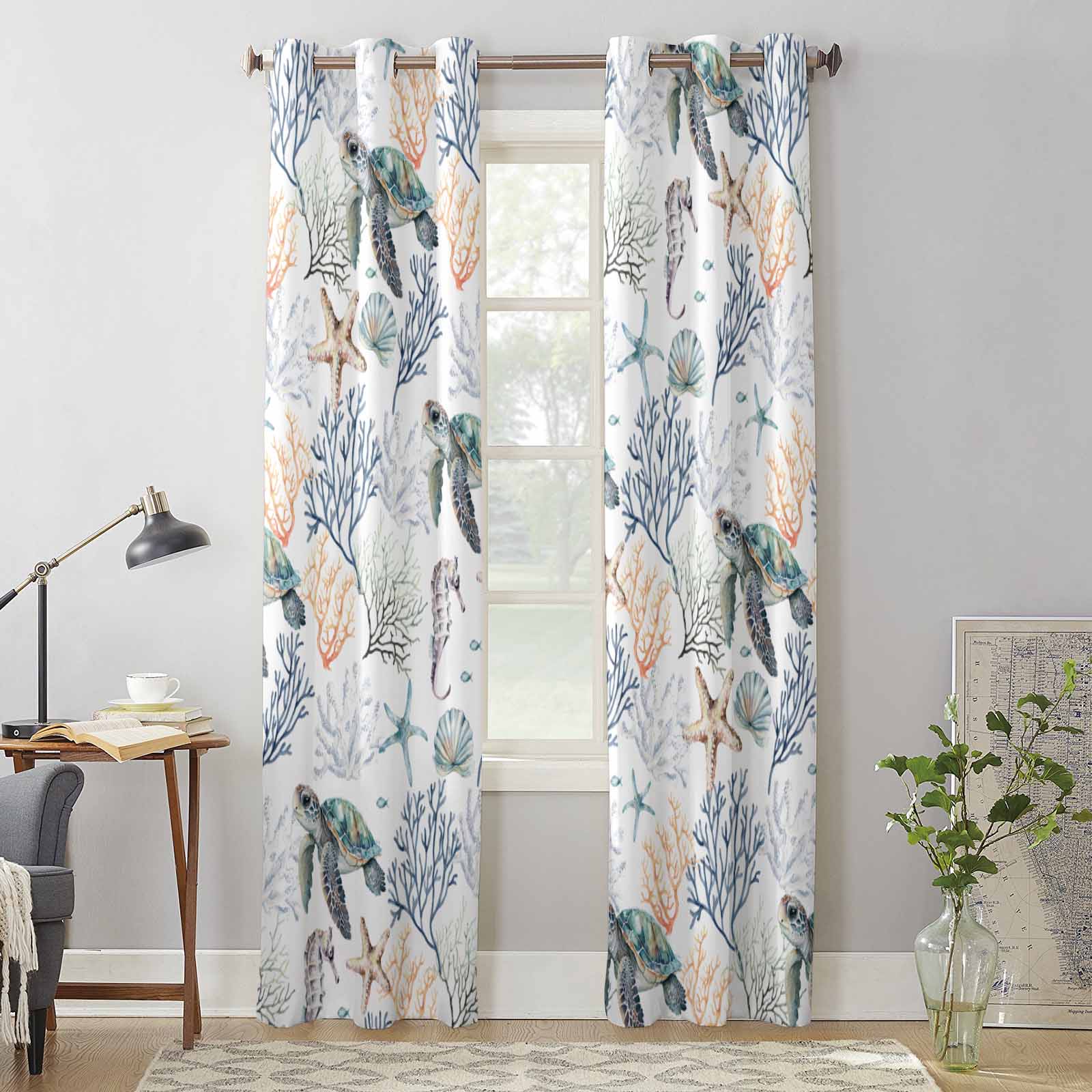 Summer Ocean Turtle Coral Window Curtains for Living Room Luxury Bedroom Curtain Kitchen Blinds Drapes Curtains 135W x 60H(cm) x1