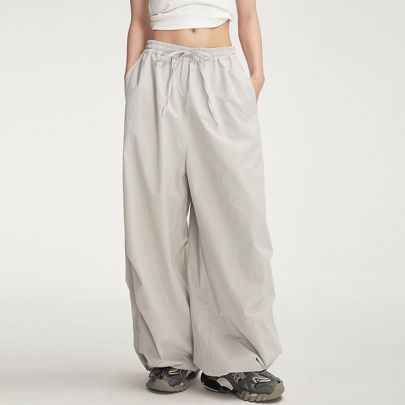 Girls Fashion Casual Wide Leg Sports Pants Elastic Waist Loose Pants Parachute Pants Paratrooper Cargo Pants M white