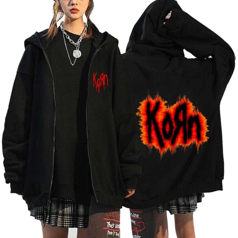 Korn Rock Band Print Zipper Hoodies Metal Music Men's Zip Up Jackets Hip Hop Streetwear Sweatshirts Unisex Y2K Cardigan Coats L