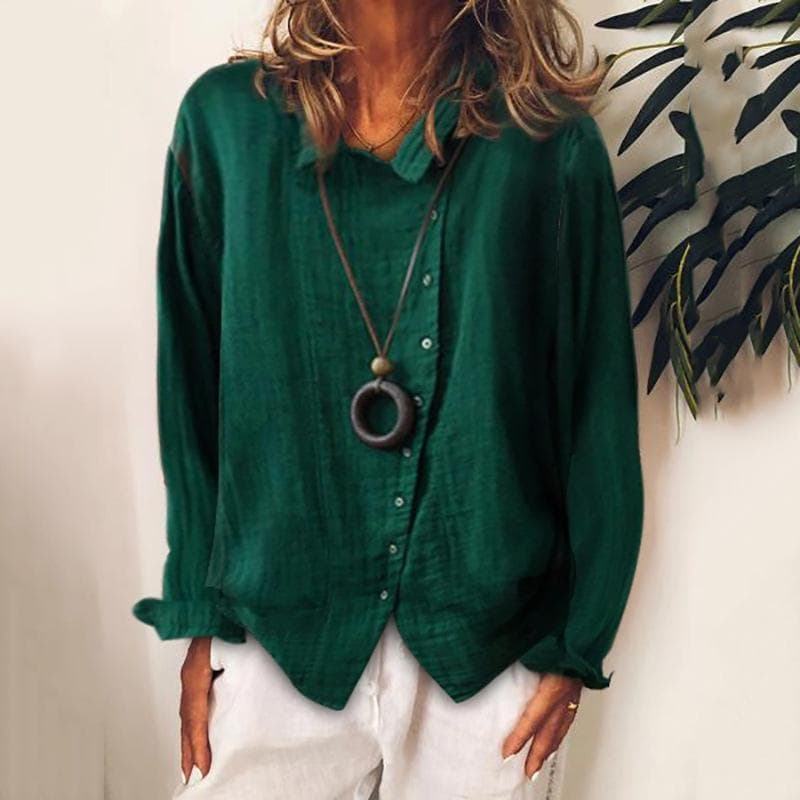 Casual Ladies Breathable Loose Cotton Linen Shirt Autumn Solid Color Temperament Blouses Tops Women L green