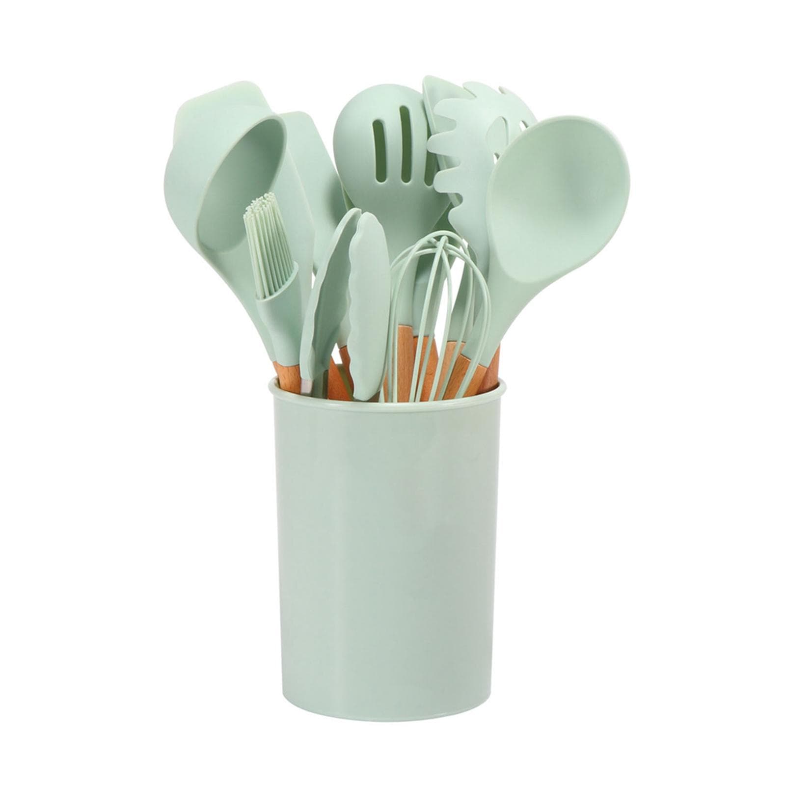 11 Pcs Silicone Kitchenware Set Heat Proof Wooden Handle Kitchen Utensils Set with Storage Bucket light green