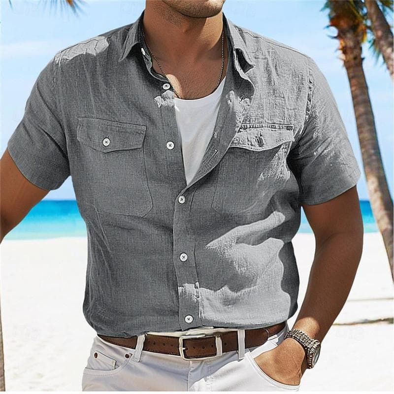 Summer Casual Shirts Men Fashion Short Sleeve Button-Up Shirt for Men Daily Solid Color Tops L grey