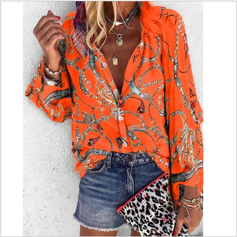Women's Autumn/Winter Multi-Color Chain Print Stand Collar Long Sleeve Shirt Medium orange