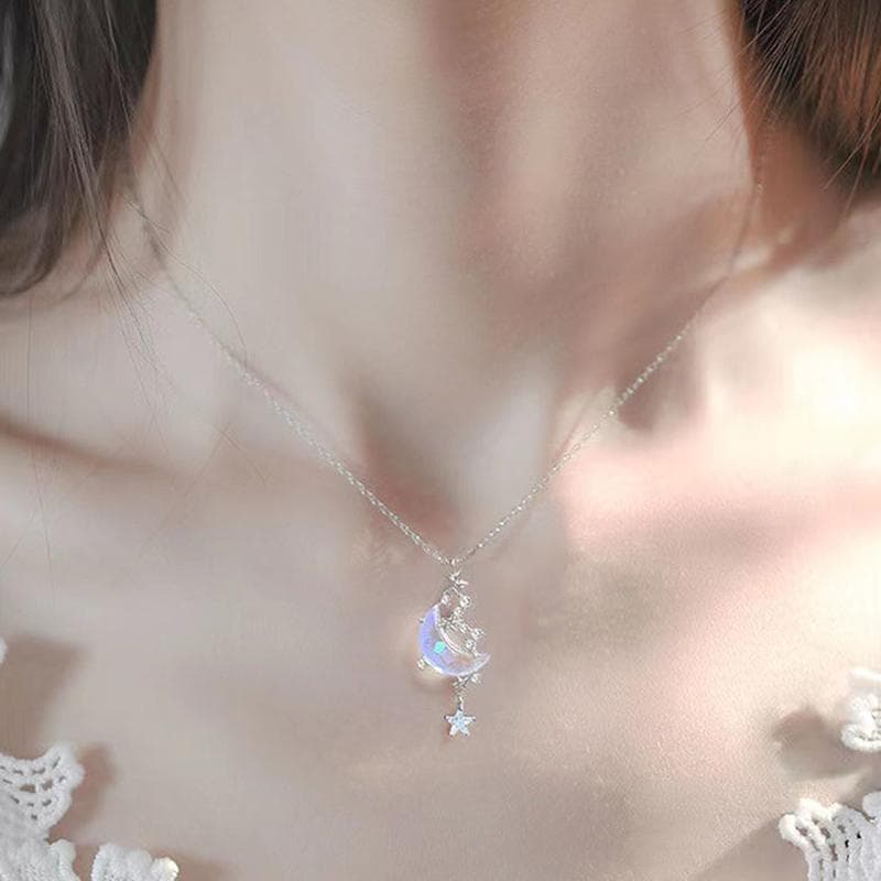 Star Moon Moonstone Titanium Steel Chain Necklace Romantic Pendant Jewelry