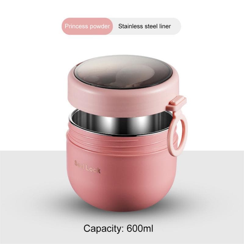 Portable Stainless Steel Soup Cup Lunch Box Food Containers Cute Shape Vacuum Flasks Thermo Cup Microwave Heating With Spoon pink