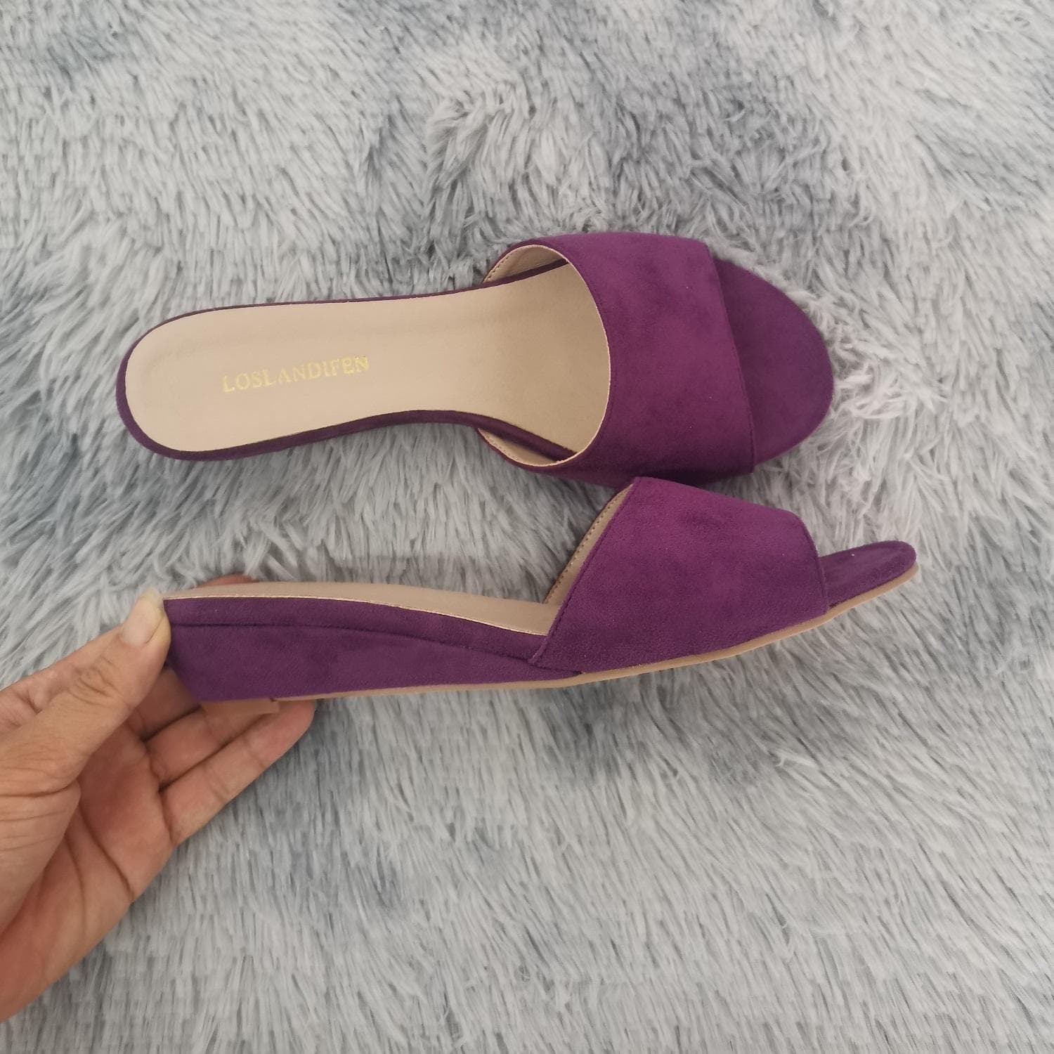 LOSLANDIFEN Women Slippers Elegant Summer 3cm Velvet Mules Wedge Sandals Slippers Open Toe High Heels Casual Dress Woman Shoes 42 purple