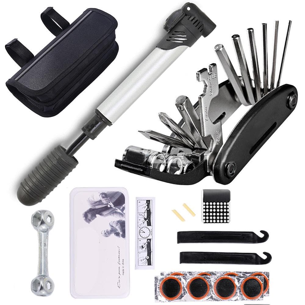 Bike Tyre Repair Tool Kit 16 in 1 Multi-Function Bicycle Tool Kit with Mini Pump, Cycling Mechanic black