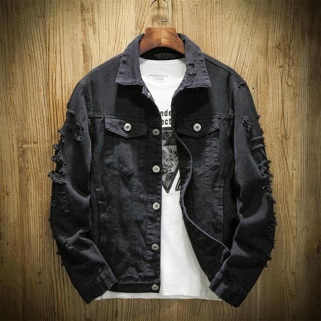 2021 Autumn New Men's Jean Jacket Slim Fit Cotton Denim Jacket Red White Black Ripped Hole Jean Coats Men Outwear Plus Size XXL black