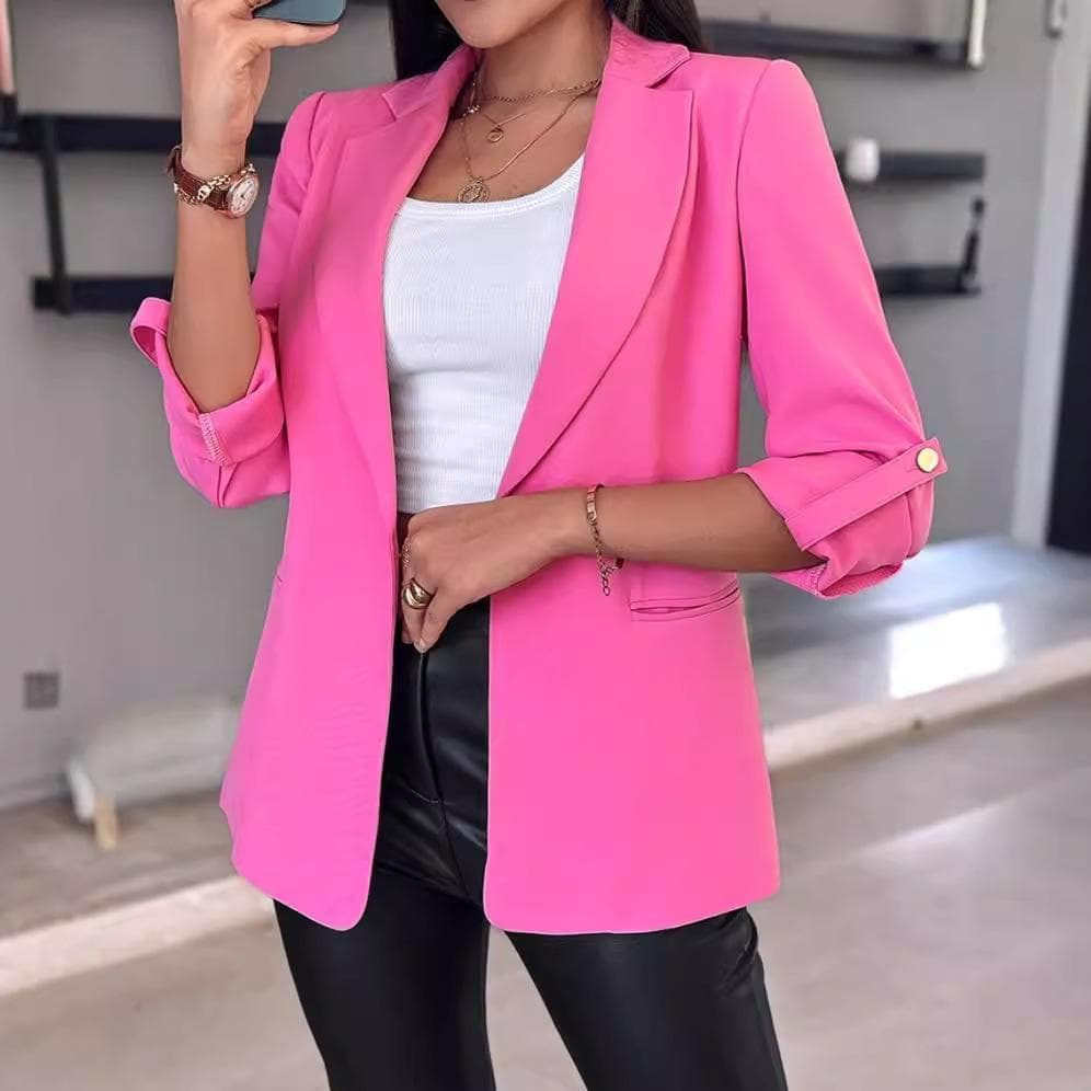 IHUASU Autumn Winter Long Sleeve Solid Color Cardigan Suit Jacket Woman Jackets & Coats L pink