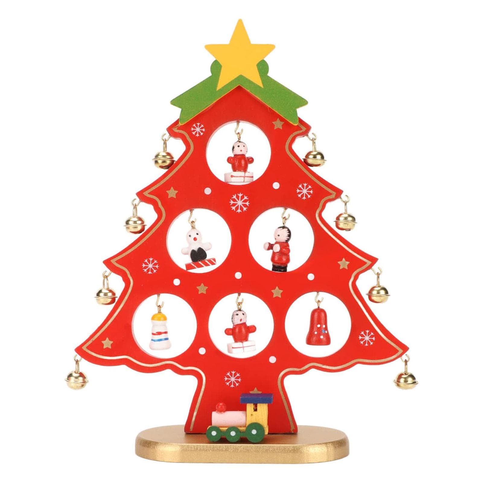 Wooden Christmas Tree Tabletop Decoration Desktop Christmas Tree with Mini Ornaments for Tabletop red